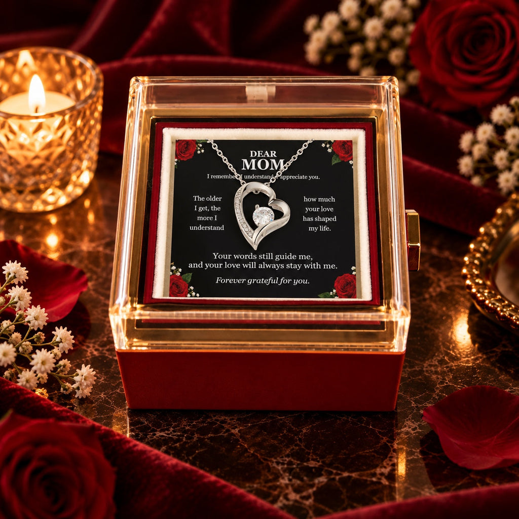 Dear Mom — Forever Love necklace, 14K white gold finish, with exact Dear Mom floral message card in red rotating rose gift box