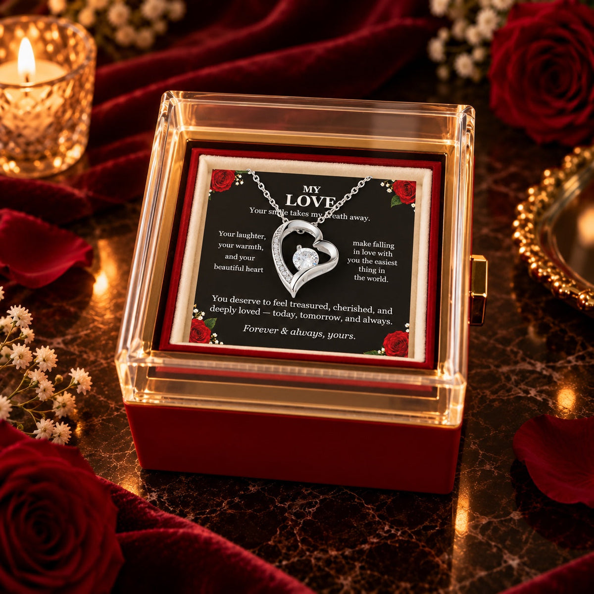My Love — Forever Love necklace, 14K white gold finish, with original floral message card in red rotating rose gift box