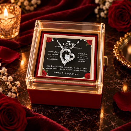 My Love — Forever Love necklace, 14K white gold finish, with original floral message card in red rotating rose gift box